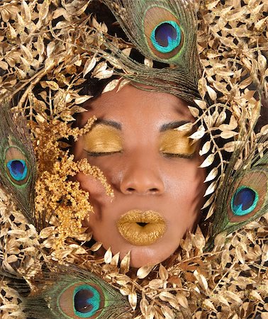 pedi - African American Woman Wrapped in Metallic Leaves and Peacock Feathers Photographie de stock - Aubaine LD & Abonnement, Code: 400-04553928