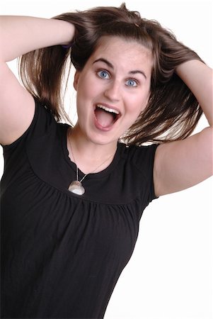 simsearch:400-05069351,k - Excited and happy pretty young brunette shouting, isolated on white Stock Photo - Budget Royalty-Free & Subscription, Code: 400-04565203