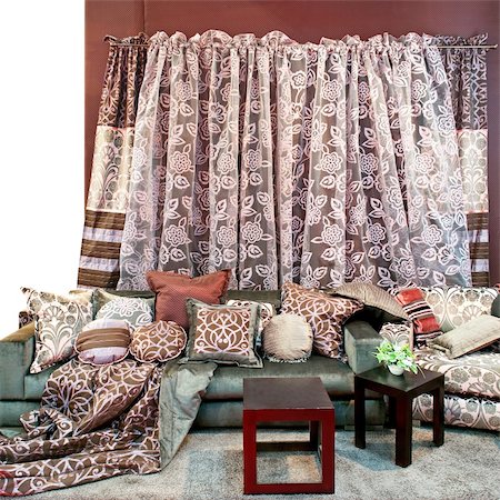 Interior with bunch of pillows and floral curtains Stock Photo - Budget Royalty-Free & Subscription, Code: 400-04566830