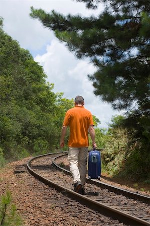 suitcase railway track - Man walking on a railroad with his suitcase Stock Photo - Budget Royalty-Free & Subscription, Code: 400-04567250