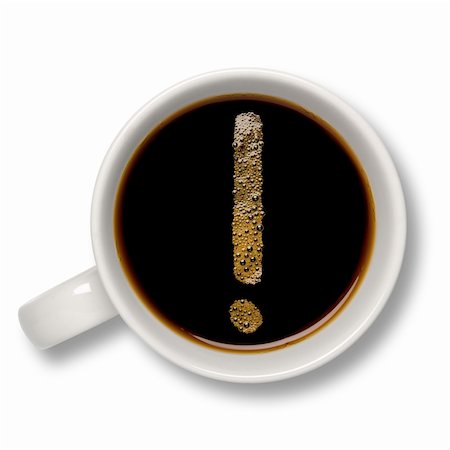 Top view of an isolated cup of coffee with a coffee bubble exclamation mark inside. Stock Photo - Budget Royalty-Free & Subscription, Code: 400-04567351