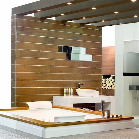 Contemporary bathroom with wooden walls and spa bathtub Stock Photo - Budget Royalty-Free & Subscription, Code: 400-04567882