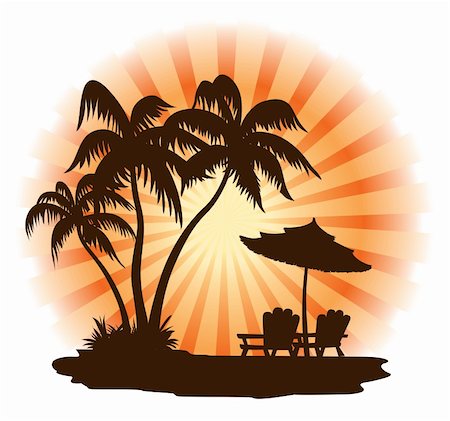 simsearch:400-04651436,k - Summer landscape: sunset, palm, chairs and umbrella Photographie de stock - Aubaine LD & Abonnement, Code: 400-04568616