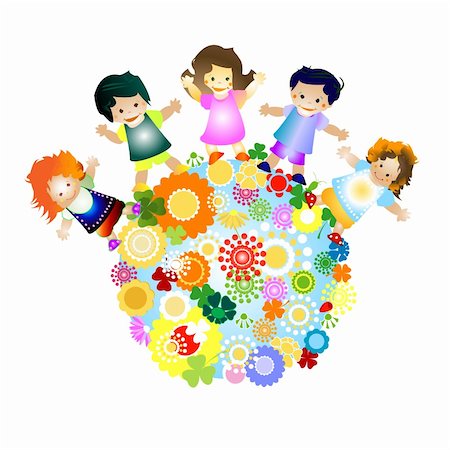 kids and planet; joyful illustration with planet earth, happy children and colorful flowers Stock Photo - Budget Royalty-Free & Subscription, Code: 400-04560435