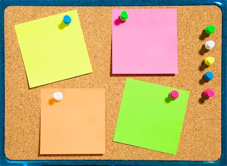 post it note on notice board picture - bulletin board and multi colored stickies attached with push pins. Copy space Stock Photo - Budget Royalty-Free & Subscription, Code: 400-04560614