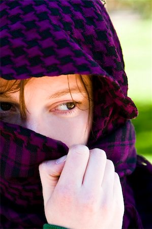 face covered with scarf - Staring woman portrait covered by violet veil Stock Photo - Budget Royalty-Free & Subscription, Code: 400-04561250