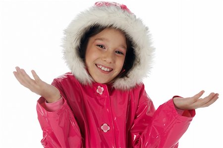 Young girl in a pink raincoat with woolly hood, making an "I don't know" expression Stock Photo - Budget Royalty-Free & Subscription, Code: 400-04563888