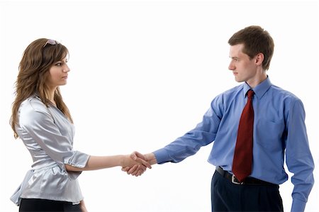 simsearch:400-04574012,k - Handshake. The union of young business man and business woman. Isolated over white Stock Photo - Budget Royalty-Free & Subscription, Code: 400-04574010