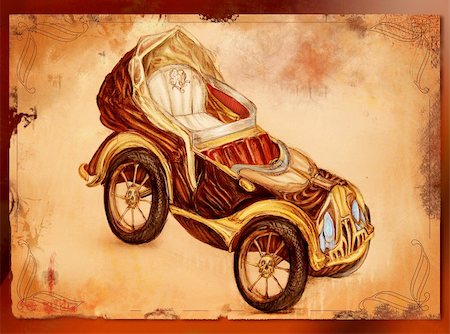 restoring cars - Gothic cabriolet, drawn on the age-old rubbed out piece of paper with vignettes on edges. On the wheels of skull. Computer graphics. Stock Photo - Budget Royalty-Free & Subscription, Code: 400-04575421