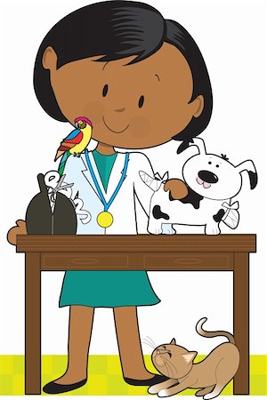stethoscopes art - Black woman veterinarian tending to a dog. A parrot sits on her shoulder and a cat is under the table. Stock Photo - Budget Royalty-Free & Subscription, Code: 400-04575441