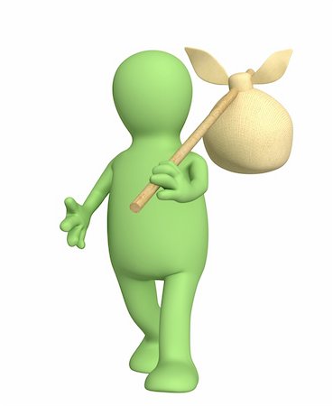 simsearch:400-04557469,k - 3d traveller - puppet, carrying bag on a stick. Objects over white Stock Photo - Budget Royalty-Free & Subscription, Code: 400-04579446