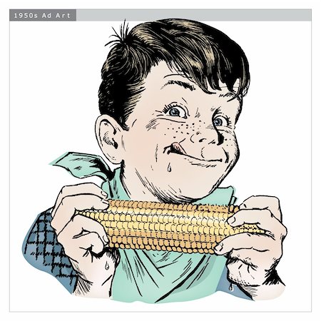 etch - Vintage 1950s etched-style boy eating corn on the cob; detailed black and white from authentic hand-drawn scratchboard includes full colorization. Stock Photo - Budget Royalty-Free & Subscription, Code: 400-04579967