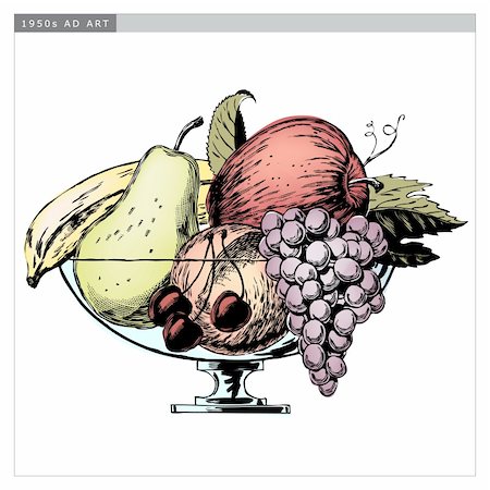 dorisrich (artist) - Vintage 1950s etched-style fruit bowl; detailed black and white from authentic hand-drawn scratchboard includes full colorization. Stock Photo - Budget Royalty-Free & Subscription, Code: 400-04579970