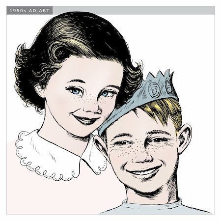 dorisrich (artist) - Vintage 1950s etched-style girl and boy.  Detailed black and white from authentic hand-drawn scratchboard includes full colorization. Stock Photo - Budget Royalty-Free & Subscription, Code: 400-04579971