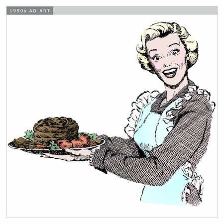 etch - Vintage 1950s etched-style woman serving roast for dinner.  Detailed black and white from authentic hand-drawn scratchboard includes full colorization. Stock Photo - Budget Royalty-Free & Subscription, Code: 400-04579981