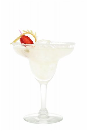 simsearch:400-07555096,k - Refreshment Acoholic Drink made of Tequila, Lemon Juice, and Liqueur. Served with salt on the glass rim. Lemon and Strawberry Garnish. Isolated on White Background. Stock Photo - Budget Royalty-Free & Subscription, Code: 400-04570149