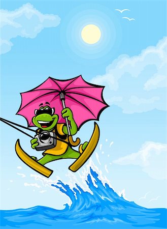 vector travel frog moving on wave with umbrella vector illustration Stock Photo - Budget Royalty-Free & Subscription, Code: 400-04571032
