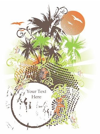 Grungy summer design with palms, flying seagulls, flowers and with a detached place for sample texts. Holiday Foto de stock - Super Valor sin royalties y Suscripción, Código: 400-04571730