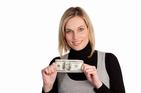 Attractive Buinesswoman holding up money and smiling Stock Photo - Budget Royalty-Free & Subscription, Code: 400-04584704