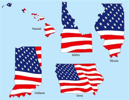 Hawaii, Idaho, Illinois, Indiana and Iowa outlines with flags, each individually grouped Stockbilder - Microstock & Abonnement, Bildnummer: 400-04589450
