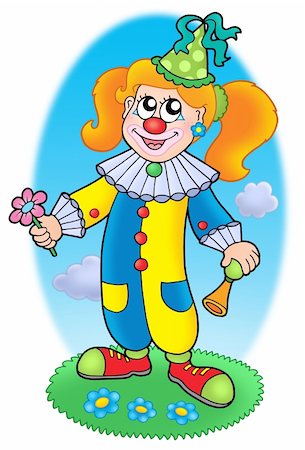 simsearch:400-04236834,k - Cartoon clown girl on meadow - color illustration. Foto de stock - Royalty-Free Super Valor e Assinatura, Número: 400-04589557