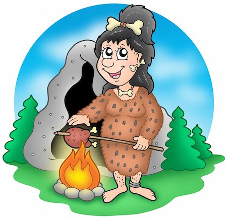 prehistoric cartoon trees - Cartoon prehistoric woman before cave - color illustration. Stock Photo - Budget Royalty-Free & Subscription, Code: 400-04589559