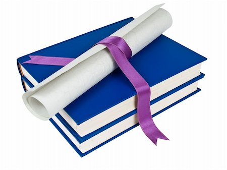 school awards - A diploma with violet ribbon over blue books. Isolated on white. Stock Photo - Budget Royalty-Free & Subscription, Code: 400-04589593