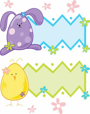 slirette (artist) - Egg shaped bunny and chick with panel for text Stockbilder - Microstock & Abonnement, Bildnummer: 400-04589632