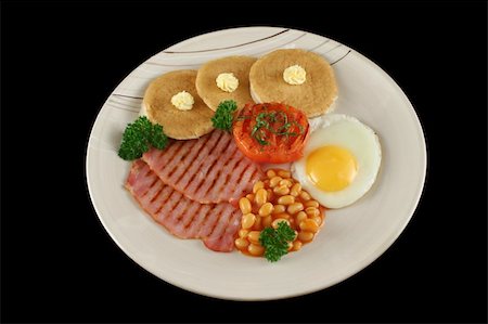 simsearch:400-05255035,k - Breakfast of grilled bacon, tomato, egg, baked beans and pancakes. Stock Photo - Budget Royalty-Free & Subscription, Code: 400-04580736