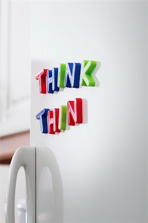 refrigerator magnets - Words THINK THIN magnets on a refrigerator door Stock Photo - Budget Royalty-Free & Subscription, Code: 400-04583449