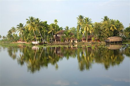 Reflection in river water of tropic palms and houseboat Stock Photo - Budget Royalty-Free & Subscription, Code: 400-04583626