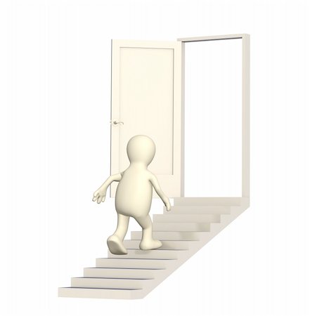 simsearch:400-04173801,k - Puppet walking upstairs to an open door. Object over white Stock Photo - Budget Royalty-Free & Subscription, Code: 400-04583915