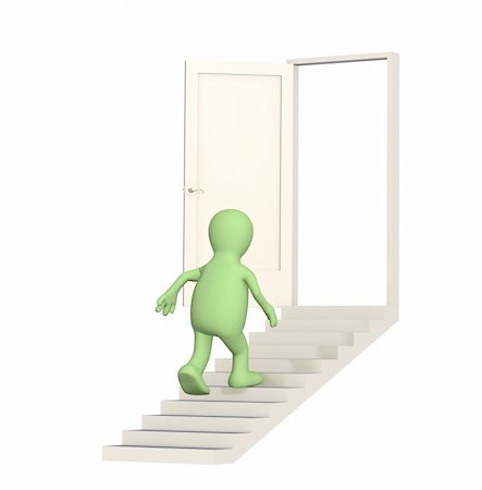 Puppet walking upstairs to an open door. Object over white Stock Photo - Budget Royalty-Free & Subscription, Code: 400-04583916