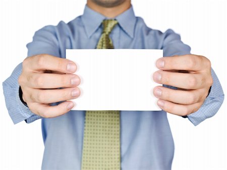 simsearch:400-05718318,k - Business man holding a blank white card (focus on the card). Isolated on white. Foto de stock - Super Valor sin royalties y Suscripción, Código: 400-04595998