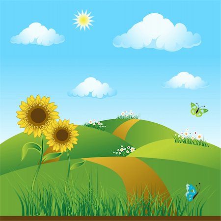 simsearch:400-04595369,k - Meadow green, summer, sunflowers and butterflies. Available as a .jpg or vector file. Stockbilder - Microstock & Abonnement, Bildnummer: 400-04596962