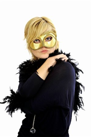 Half body view or lovely blond woman wearing golden mask. Isolated on white background. Stock Photo - Budget Royalty-Free & Subscription, Code: 400-04597830