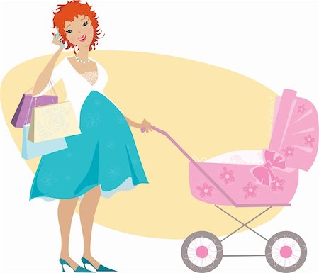 shopping spree mall - Illusration of a pregnant woman after shopping standing near baby carriage Stock Photo - Budget Royalty-Free & Subscription, Code: 400-04591003