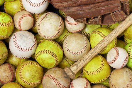 simsearch:400-04673387,k - a picture of baseballs, softballs, a bat and glove Stock Photo - Budget Royalty-Free & Subscription, Code: 400-04592437