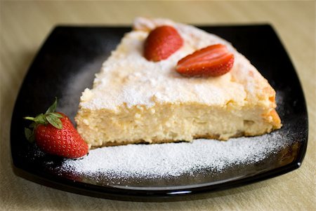 Strawberry and cottage cheese cake on black plate. Stock Photo - Budget Royalty-Free & Subscription, Code: 400-04592965