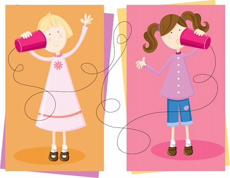 slirette (artist) - Two young girls chatting on toy cup telephones Stockbilder - Microstock & Abonnement, Bildnummer: 400-04593224