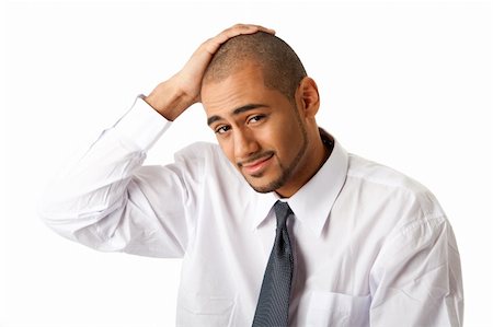 student latino business casual - Torso of a handsome African Hispanic business man in white shirt and gray tie and hand on top of head, isolated Stock Photo - Budget Royalty-Free & Subscription, Code: 400-04593314