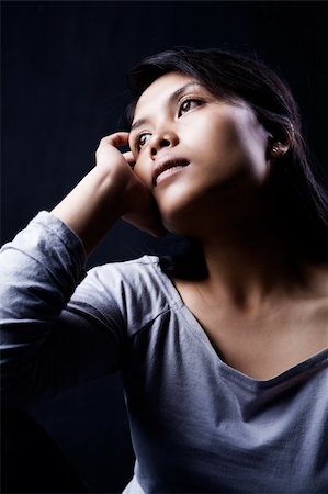 sad and quiet woman - Portrait of woman contemplating in dark Stock Photo - Budget Royalty-Free & Subscription, Code: 400-04604120