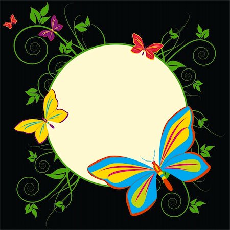 simsearch:400-05149797,k - Beautiful butterflies and leafage on a pitch black background. Light yellow circle in the middle creates copy space. Stock Photo - Budget Royalty-Free & Subscription, Code: 400-04604143