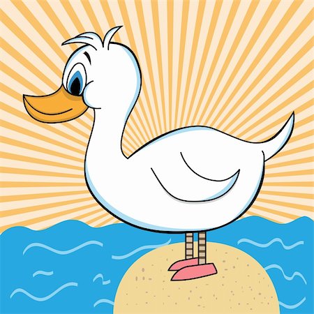 Vector illustration of a white duck cartoon character standing on a rock surrounded by the ocean. Orange sunburst background. Photographie de stock - Aubaine LD & Abonnement, Code: 400-04604601