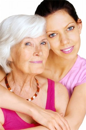 Grandmother and granddaughter portrait, embraced  on white background Fotografie stock - Microstock e Abbonamento, Codice: 400-04604610