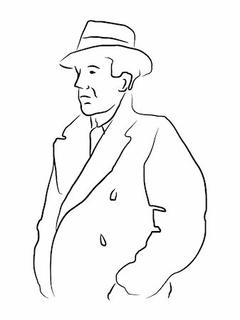 Vector illustration of a man in a trench coat and hat in outlines. Stock Photo - Budget Royalty-Free & Subscription, Code: 400-04604875