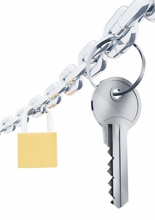 image of chrome chain, blured golden padlock and a steel key Stock Photo - Budget Royalty-Free & Subscription, Code: 400-04605123