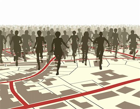 Editable vector illustration of a crowd of people running over a generic street map Stock Photo - Budget Royalty-Free & Subscription, Code: 400-04605455