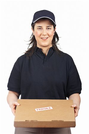 Courier woman delivering a package fragile on white background Stock Photo - Budget Royalty-Free & Subscription, Code: 400-04605664