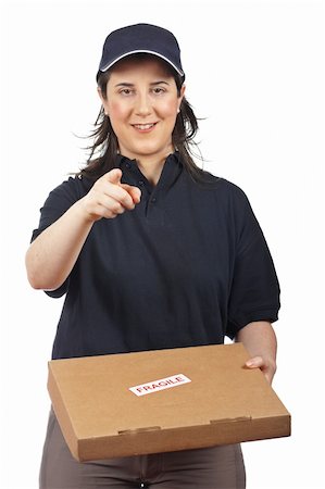 Courier woman delivering a package fragile on white background Stock Photo - Budget Royalty-Free & Subscription, Code: 400-04605868